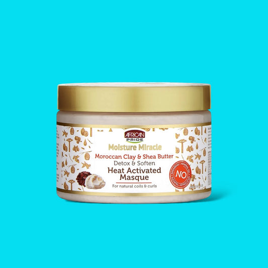 AFRICAN PRIDE MOISTURE MIRACLE MOROCCAN CLAY & SHEA BUTTER HEAT ACTIVATED MASQUE – 12 OZ